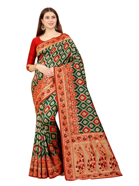 

MOKSHA DESIGNS Green & Red Woven Design Zari Pure Silk Paithani Saree