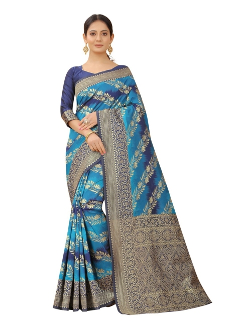 

MOKSHA DESIGNS Blue & Gold-Toned Woven Design Zari Pure Silk Paithani Saree
