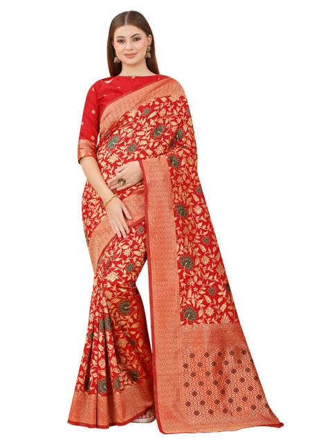 

MOKSHA DESIGNS Red & Green Floral Zari Pure Silk Paithani Saree