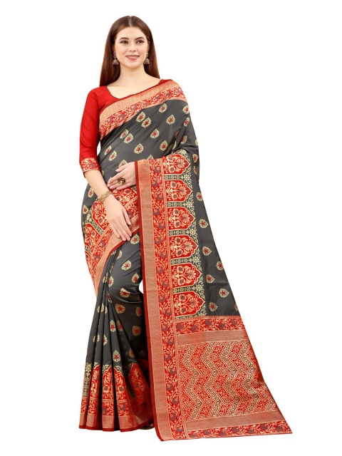 

MOKSHA DESIGNS Grey & Red Woven Design Zari Pure Silk Paithani Saree