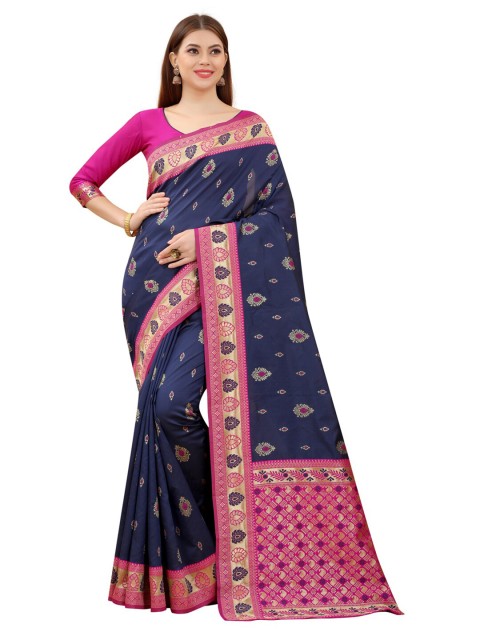 

MOKSHA DESIGNS Navy Blue & Pink Woven Design Zari Pure Silk Paithani Saree