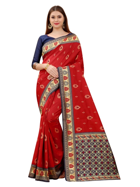 

MOKSHA DESIGNS Red & Navy Blue Ethnic Motifs Zari Pure Silk Paithani Saree