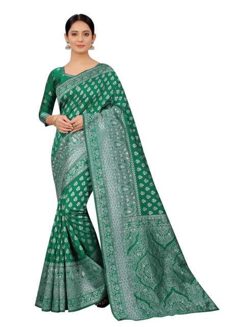 

MOKSHA DESIGNS Green & Silver-Toned Floral Zari Pure Silk Paithani Saree