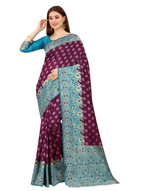 

MOKSHA DESIGNS Purple & Blue Woven Design Zari Pure Silk Paithani Saree