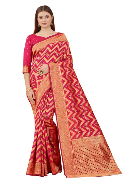 

MOKSHA DESIGNS Pink & Gold-Toned Woven Design Zari Pure Silk Paithani Saree