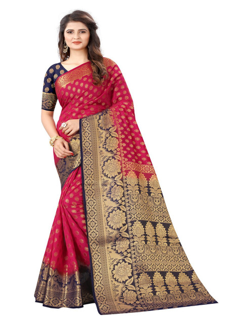 

MOKSHA DESIGNS Pink & Navy Blue Woven Design Zari Pure Silk Paithani Saree