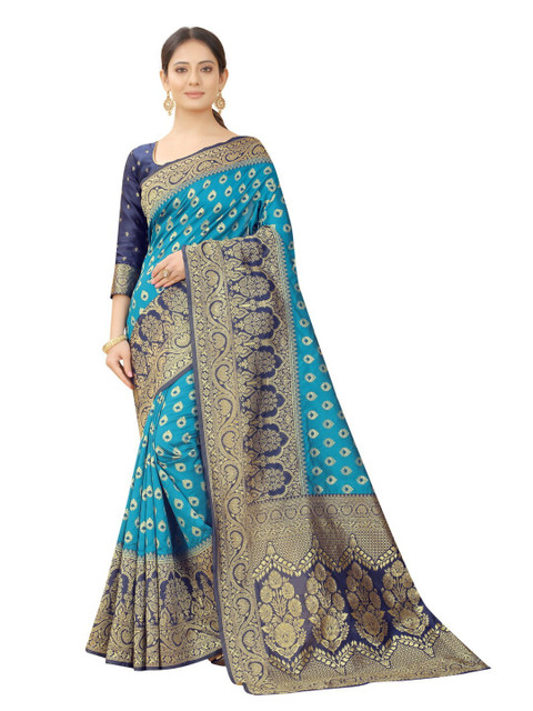 

MOKSHA DESIGNS Turquoise Blue & Navy Blue Woven Design Zari Pure Silk Paithani Saree