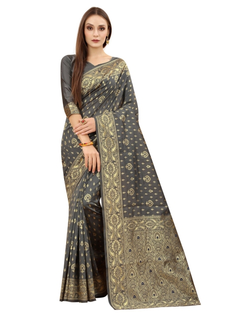 

MOKSHA DESIGNS Grey & Gold-Toned Woven Design Zari Pure Silk Paithani Saree