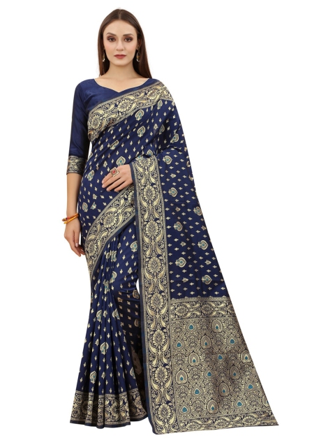 

MOKSHA DESIGNS Navy Blue & Gold-Toned Ethnic Motifs Zari Pure Silk Paithani Saree
