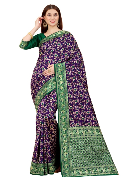 

MOKSHA DESIGNS Navy Blue & Green Woven Design Zari Pure Silk Saree