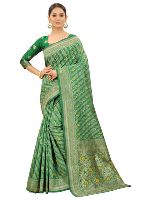 

MOKSHA DESIGNS Green & Yellow Ethnic Motifs Pure Silk Paithani Saree