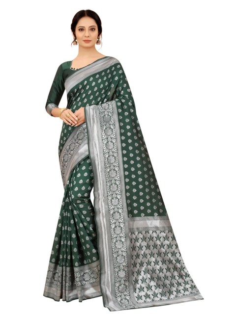 

MOKSHA DESIGNS Green & Silver-Toned Floral Zari Pure Silk Paithani Saree