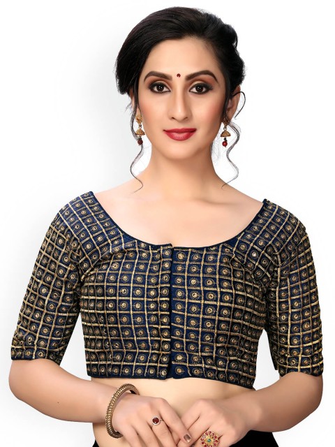 

Fab Dadu Women Navy Blue & Gold-Colored Embroidered Silk Ready-Made Saree Blouse
