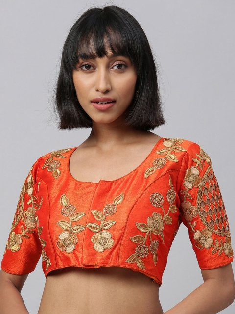 

Fab Dadu Women Orange Embroidered Phantom Silk Saree Blouse