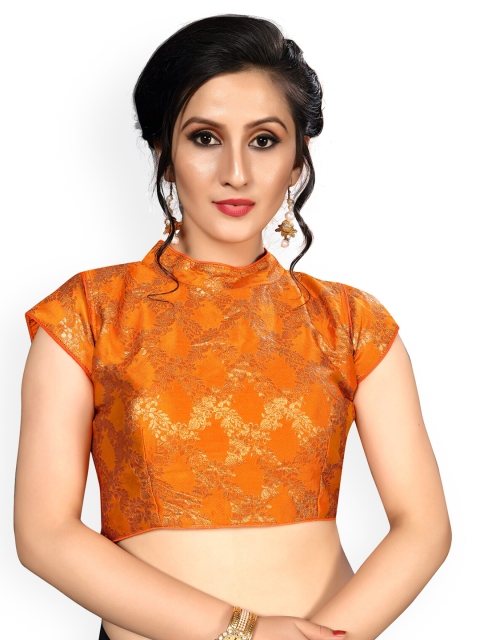 

Fab Dadu Orange Woven-Design Brocade Readymade Saree Blouse