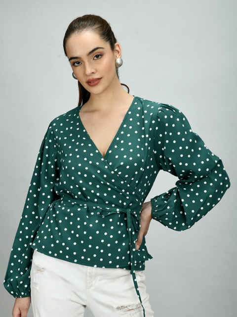 

Retrobelaa Women Green Polka Dot Print Wrap Top