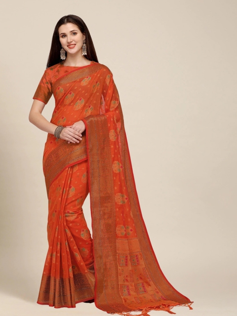 

MS RETAIL Orange & Green Woven Design Zari Pure Cotton Chanderi Saree