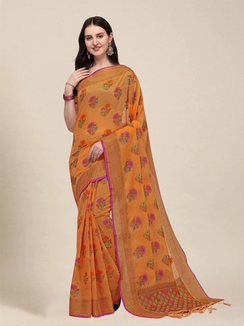 

MS RETAIL Orange & Green Floral Zari Pure Cotton Chanderi Saree