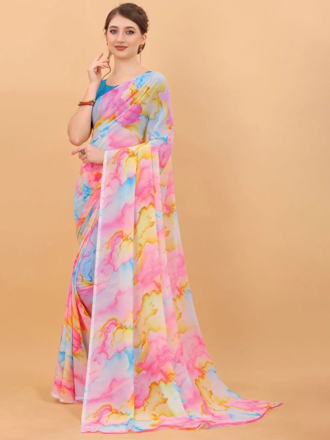 

MS RETAIL Blue & Pink Tie and Dye Pure Georgette Block Print Saree