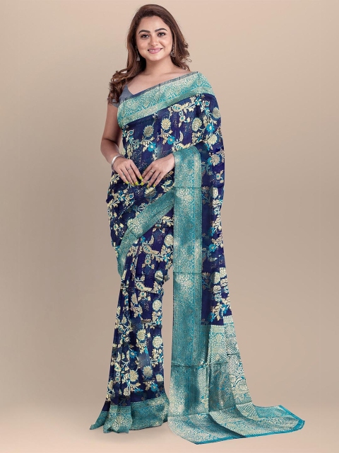 

The Chennai Silks Navy Blue & Sea Green Ethnic Motifs Zari Chanderi Saree