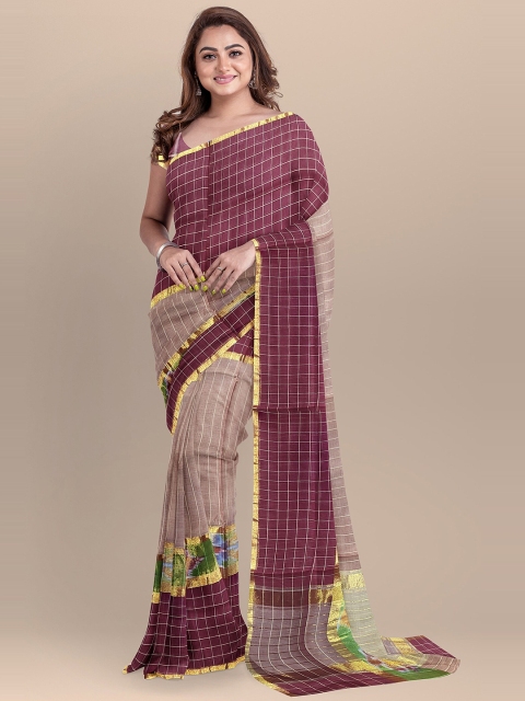 

The Chennai Silks Brown & Green Checked Zari Pure Cotton Venkatgiri Saree