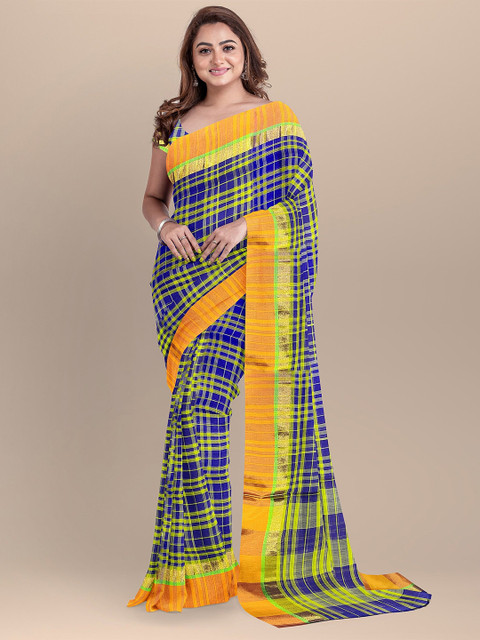 

The Chennai Silks Blue & Yellow Checked Zari Pure Cotton Venkatgiri Saree