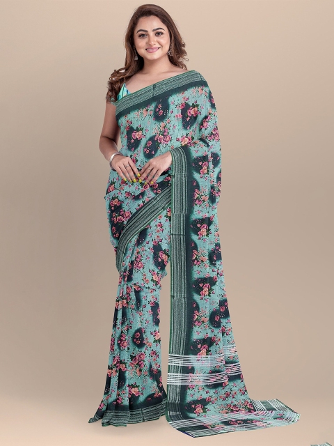 

The Chennai Silks Green & White Floral Linen Blend Saree