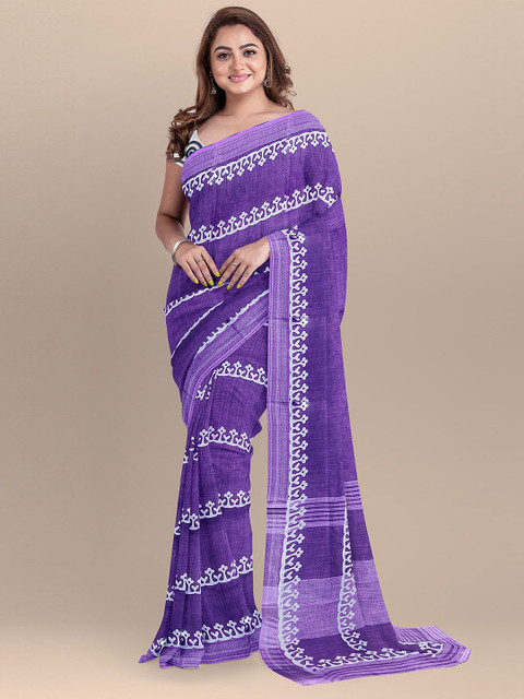 

The Chennai Silks Violet & White Ethnic Motifs Zari Linen Blend Saree