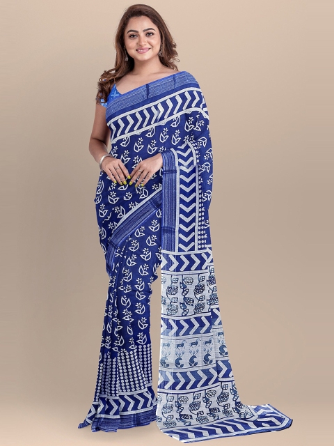 

The Chennai Silks Navy Blue & White Ethnic Motifs Zari Linen Blend Saree