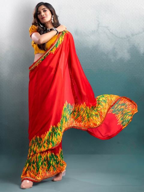 

Shaily Red & Mustard Pure Chiffon Saree