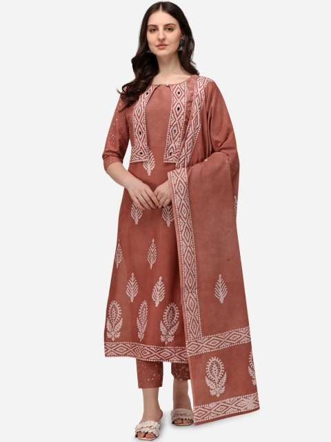 

Sitaram Designer Women Copper-Toned Ethnic Motifs Printed Pure Cotton Kurti with Trousers & With Dupatta