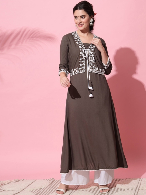 

Sitaram Designer Women Brown Paisley Yoke Design Thread Work Kurta
