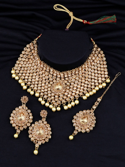

Silver Shine Gold-Plated Golden Kundan-Studded & Pearl Beaded Jewellery Set