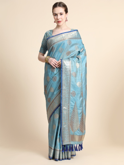 

KALANANDI Blue & Gold-Toned Ethnic Motifs Zari Silk Cotton Fusion Banarasi Saree