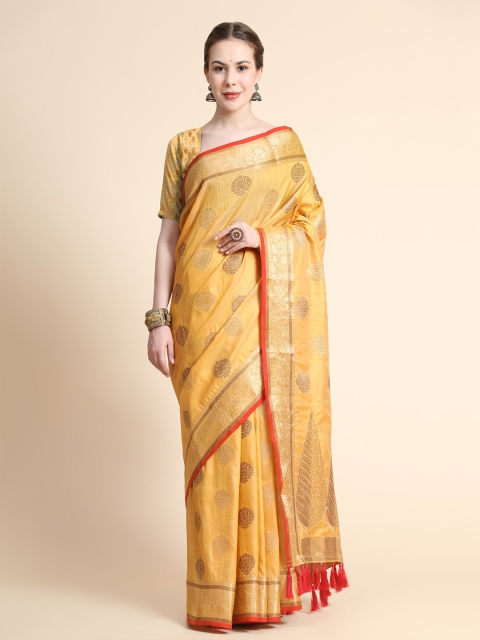 

KALANANDI Yellow & Red Woven Design Zari Silk Cotton Banarasi Saree