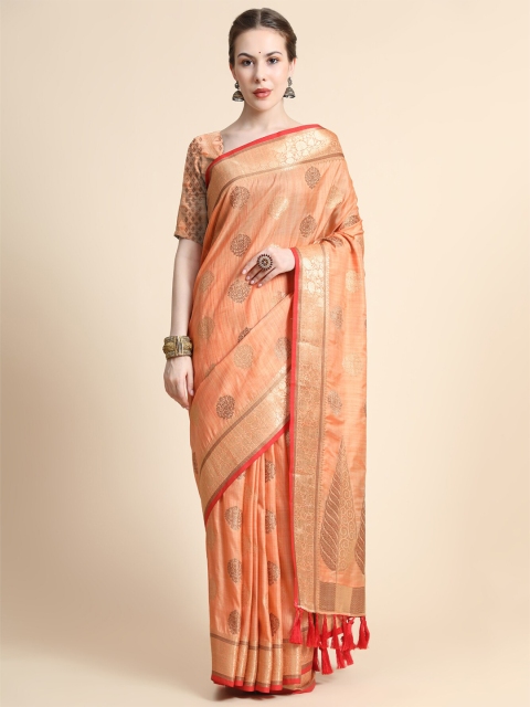 

KALANANDI Peach-Coloured & Red Ethnic Motifs Zari Silk Cotton Banarasi Saree