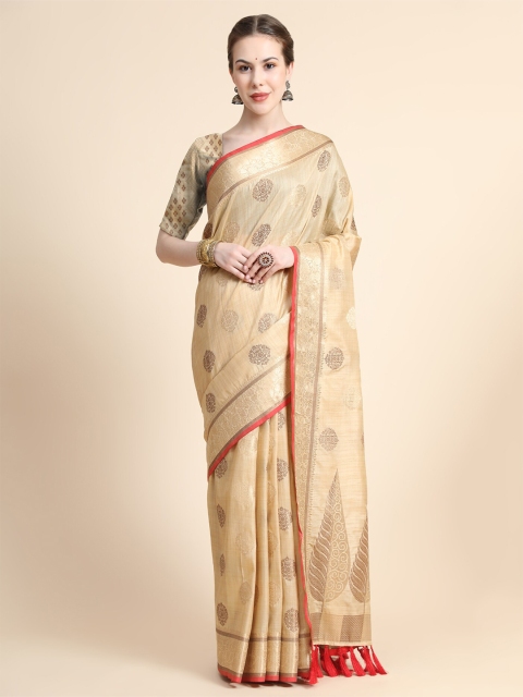 

KALANANDI Cream-Coloured & Red Ethnic Motifs Zari Silk Cotton Banarasi Saree