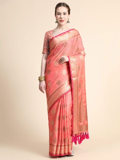 

KALANANDI Pink & Gold-Toned Ethnic Motifs Zari Silk Cotton Banarasi Saree