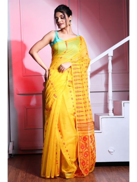 

Charukriti Yellow & Red Floral Silk Cotton Jamdani Saree