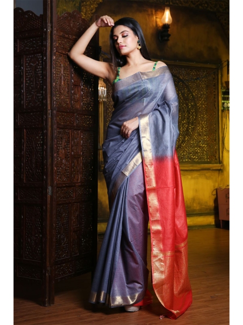 

Charukriti Grey & Red Ethnic Motifs Zari Silk Blend Saree