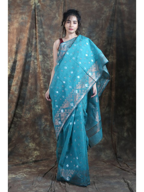 

Charukriti Teal & Silver-Toned Woven Design Zari Silk Cotton Jamdani Saree