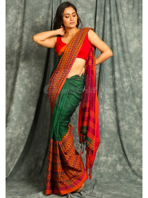 

Charukriti Green & Red Woven Design Pure Cotton Saree