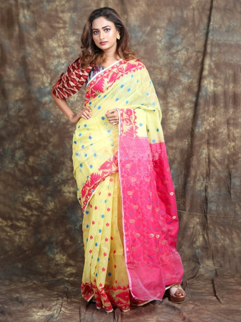 

Charukriti Yellow & Pink Ethnic Motifs Silk Cotton Jamdani Saree