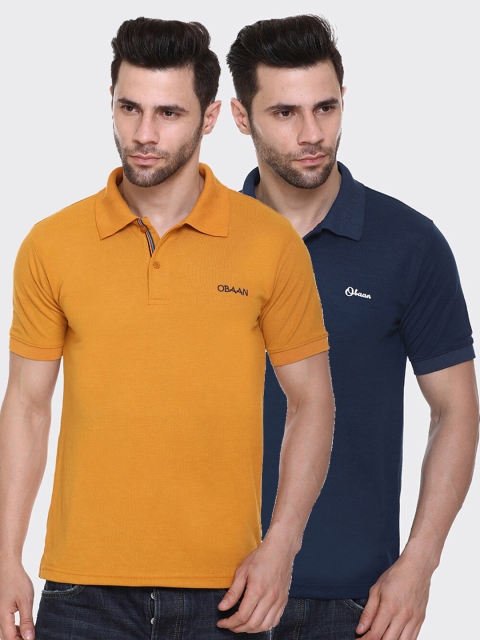 

Obaan Men Pack Of 2 Mustard Yellow & Navy Blue Solid Polo Collar T-shirts