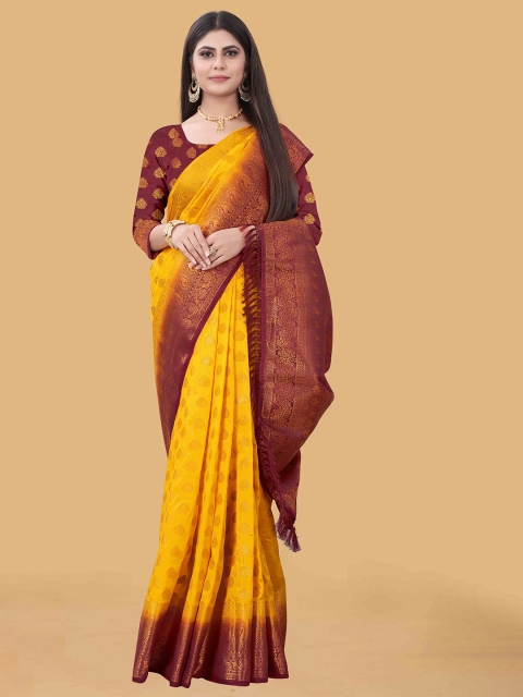 

PRASTHAN Gold-Toned & Brown Woven Design Zari Silk Cotton Banarasi Saree