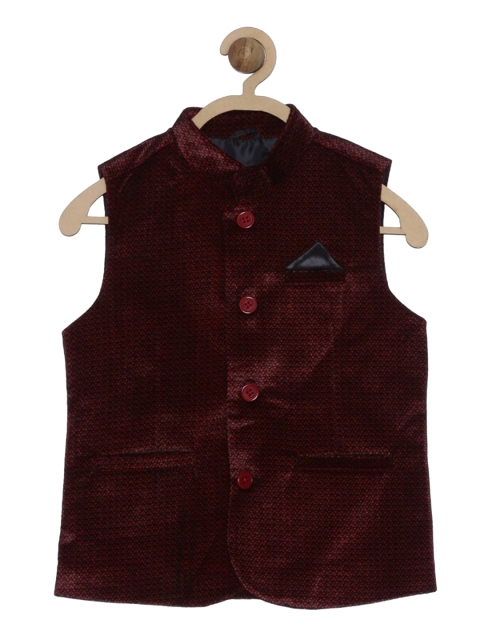 

612League Boys Maroon Solid Velvet Waistcoat