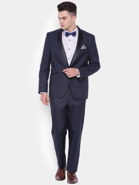 

SUITLTD Men Navy Striped Single-Breasted Slim Fit Party Suit, Navy blue