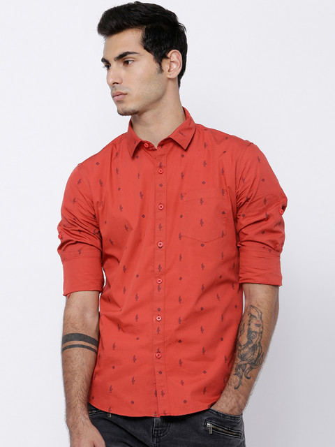 

HIGHLANDER Men Rust Red Slim Fit Printed Casual Shirt