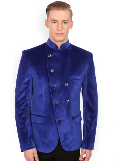 

Wintage Men Blue Double-Breasted Velvet Tailored Fit Ethnic Bandhgala Blazer