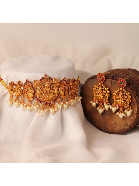 

Sanjog Gold-Plated Marron & Green Stone-Studded Choker Jewellery Set